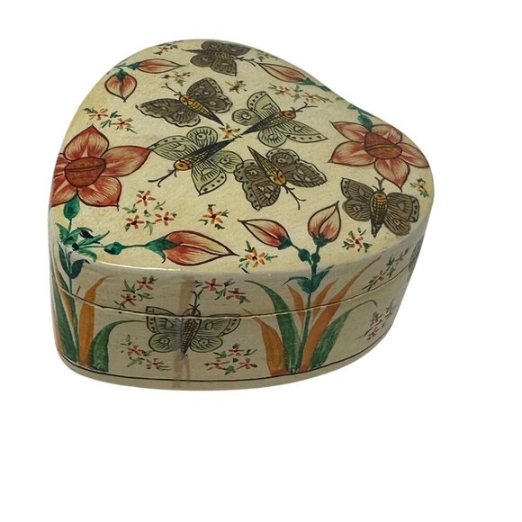 Vintage Handmade Fetco Kashmir Heart Shaped Lacquered Trinket Box Botanical - Picture 4 of 10